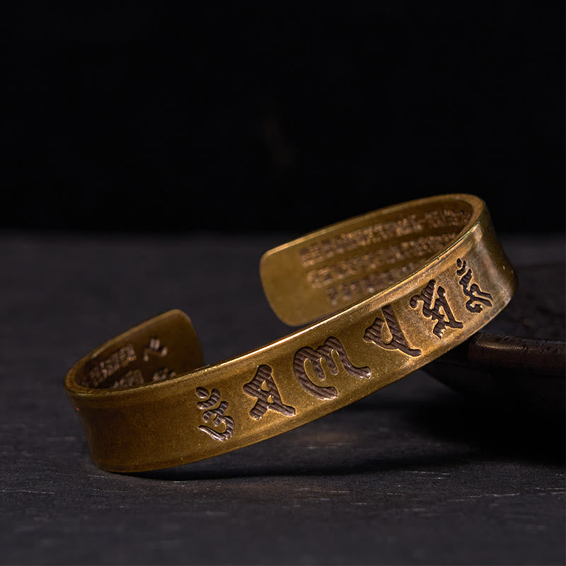 Fortune Jewel Six True Words 'om Mani Padme Hum' Heart Sutra Copper Brass Inner Peace Cuff Bracelet Bangle