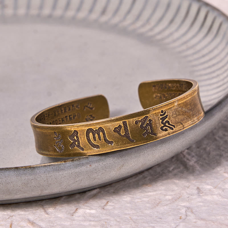 Fortune Jewel Six True Words 'om Mani Padme Hum' Heart Sutra Copper Brass Inner Peace Cuff Bracelet Bangle