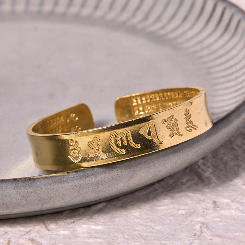 Fortune Jewel Six True Words 'om Mani Padme Hum' Heart Sutra Copper Brass Inner Peace Cuff Bracelet Bangle
