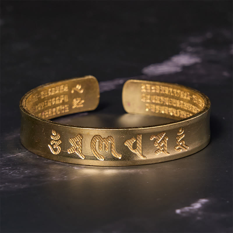 Fortune Jewel Six True Words 'om Mani Padme Hum' Heart Sutra Copper Brass Inner Peace Cuff Bracelet Bangle