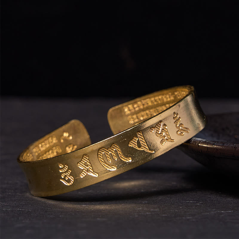 Fortune Jewel Six True Words 'om Mani Padme Hum' Heart Sutra Copper Brass Inner Peace Cuff Bracelet Bangle
