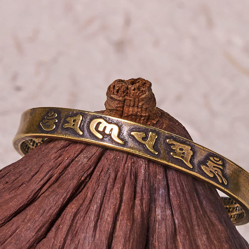 Fortune Jewel Six True Words 'om Mani Padme Hum' Heart Sutra Copper Brass Wisdom Peace Cuff Bracelet Bangle