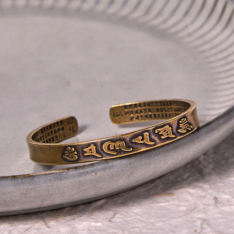 Fortune Jewel Six True Words 'om Mani Padme Hum' Heart Sutra Copper Brass Wisdom Peace Cuff Bracelet Bangle