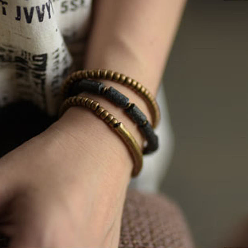 Fortune Jewel Vintage Lava Rock Copper Brass Multi-turn Wrap Calm Bracelet