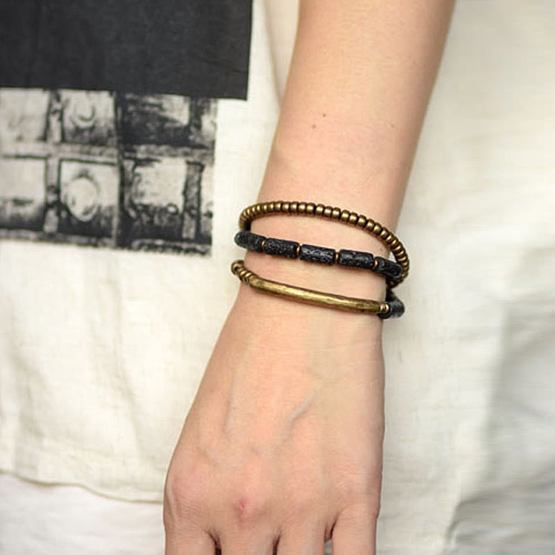 Fortune Jewel Vintage Lava Rock Copper Brass Multi-turn Wrap Calm Bracelet