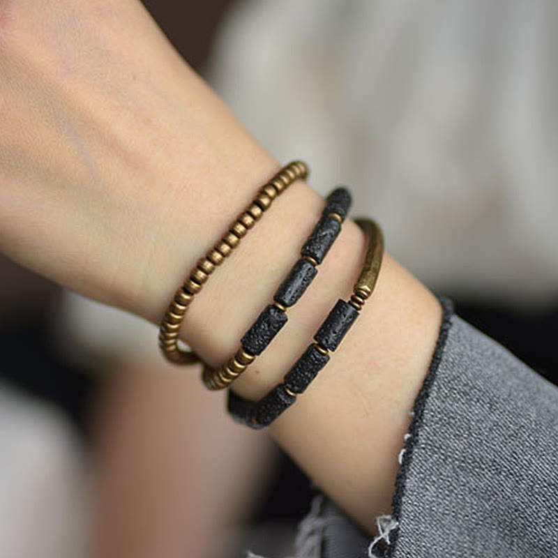 Fortune Jewel Vintage Lava Rock Copper Brass Multi-turn Wrap Calm Bracelet