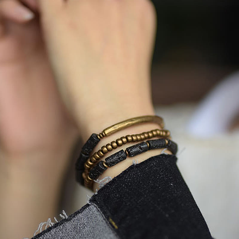 Fortune Jewel Vintage Lava Rock Copper Brass Multi-turn Wrap Calm Bracelet