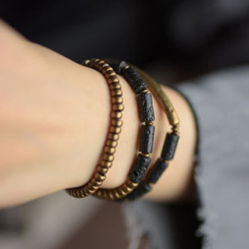 Fortune Jewel Vintage Lava Rock Copper Brass Multi-turn Wrap Calm Bracelet