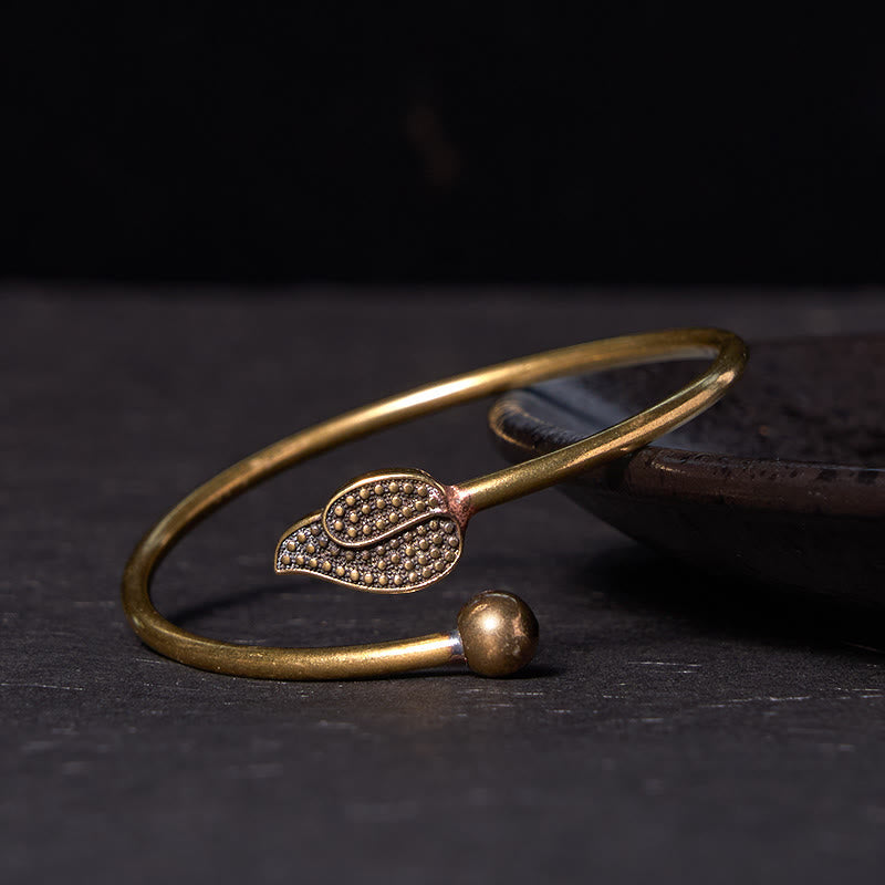 Fortune Jewel Leaf Bead Copper Brass Luck Wealth cuff Bracelet Bangle