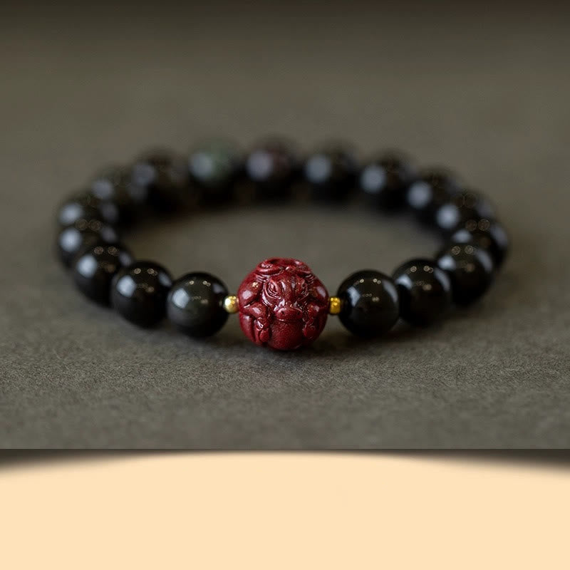 Fortune Jewel Chinese Zodiac Natural Black Obsidian Cinnabar Purification Bracelet