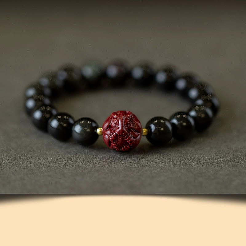 Fortune Jewel Chinese Zodiac Natural Black Obsidian Cinnabar Purification Bracelet