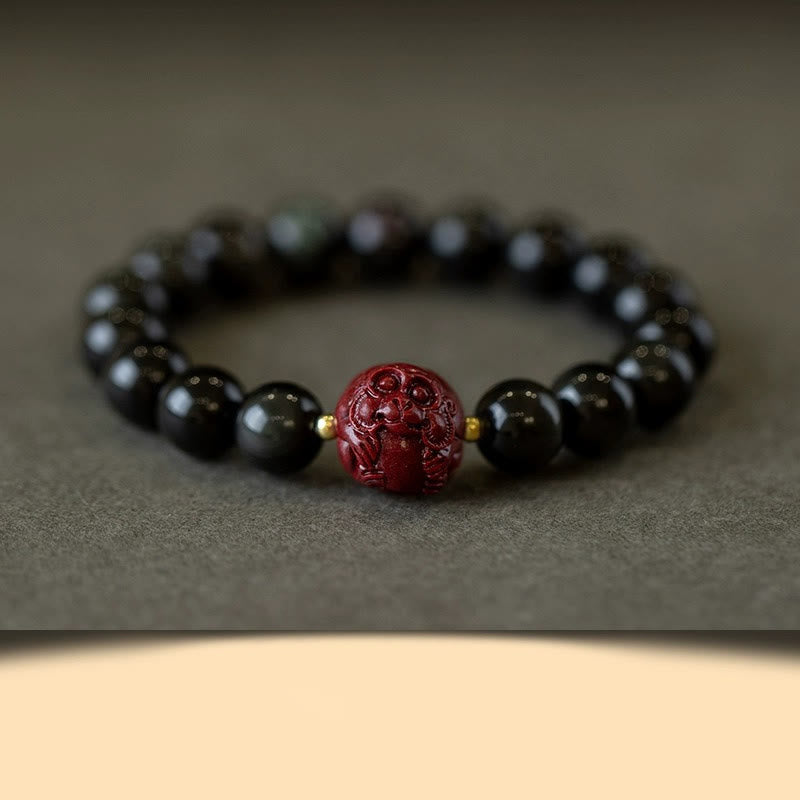 Fortune Jewel Chinese Zodiac Natural Black Obsidian Cinnabar Purification Bracelet