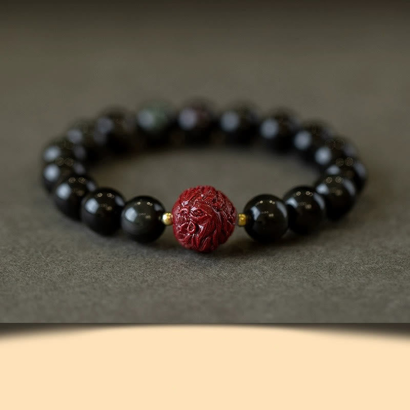 Fortune Jewel Chinese Zodiac Natural Black Obsidian Cinnabar Purification Bracelet