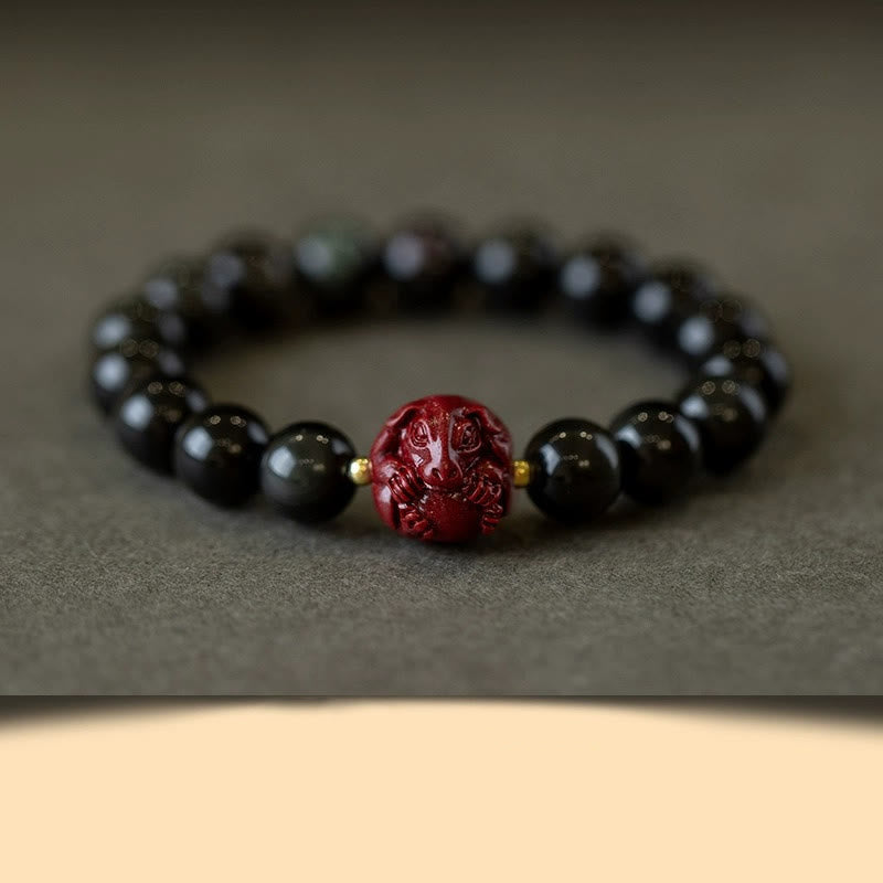 Fortune Jewel Chinese Zodiac Natural Black Obsidian Cinnabar Purification Bracelet