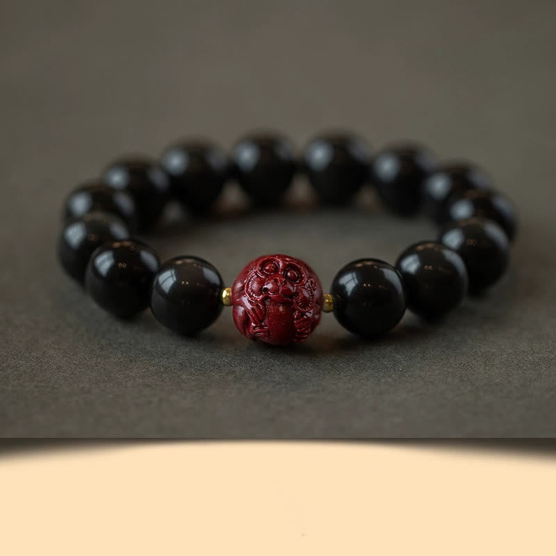 Fortune Jewel Chinese Zodiac Natural Black Obsidian Cinnabar Purification Bracelet