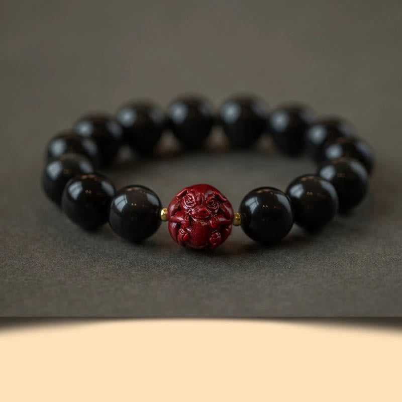 Fortune Jewel Chinese Zodiac Natural Black Obsidian Cinnabar Purification Bracelet