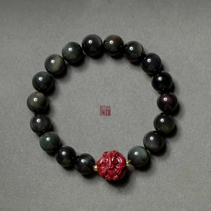 Fortune Jewel Chinese Zodiac Natural Black Obsidian Cinnabar Purification Bracelet