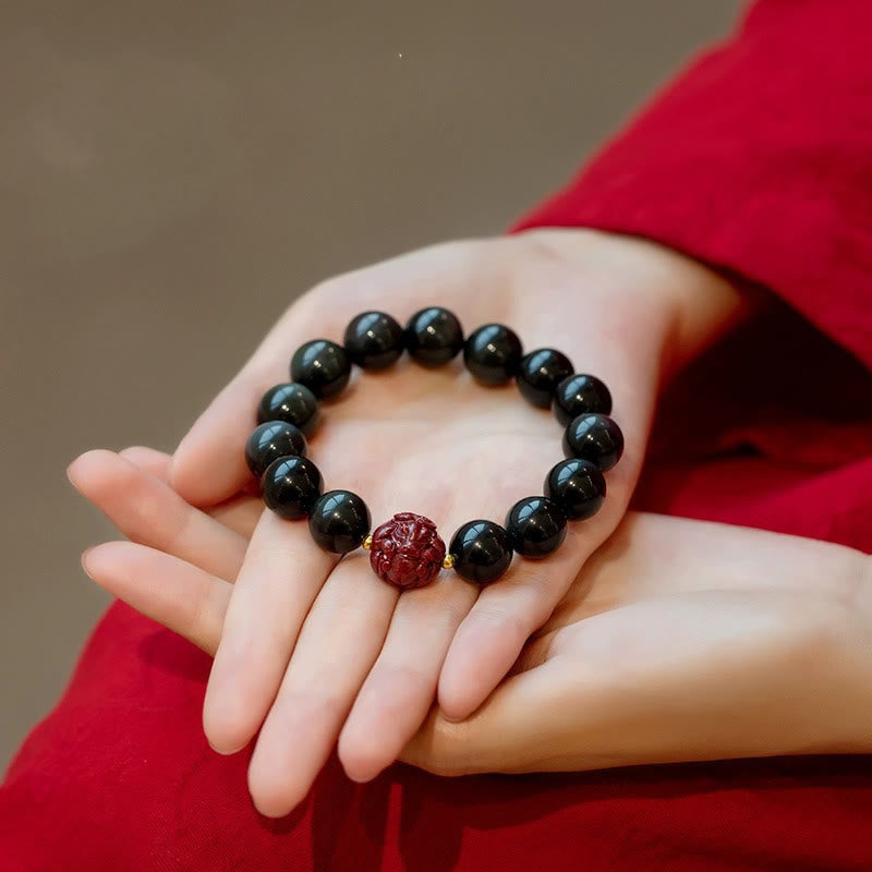 Fortune Jewel Chinese Zodiac Natural Black Obsidian Cinnabar Purification Bracelet