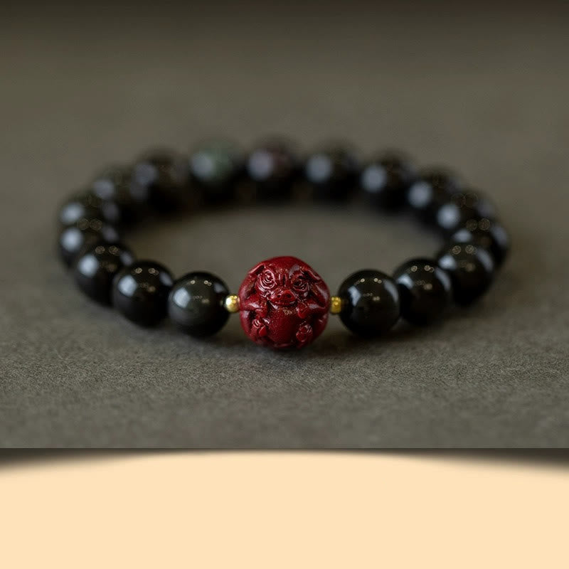 Fortune Jewel Chinese Zodiac Natural Black Obsidian Cinnabar Purification Bracelet