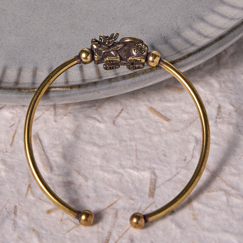 Fortune Jewel Pi Xiu Carrying Compass Fu Character Copper Brass Luck Wealth Bracelet Bangle