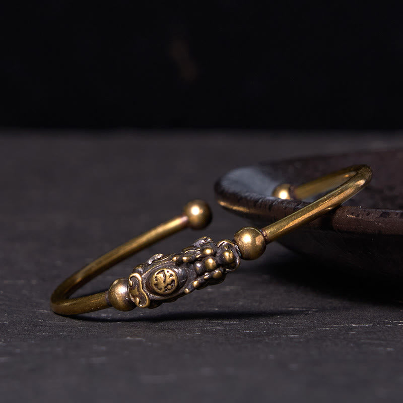 Fortune Jewel Pi Xiu Carrying Compass Fu Character Copper Brass Luck Wealth Bracelet Bangle