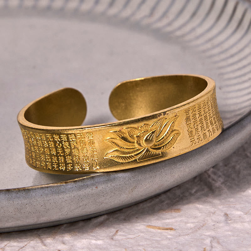 Fortune Jewel Heart Sutra Lotus Flower Copper Brass Peace Cuff Bracelet Bangle