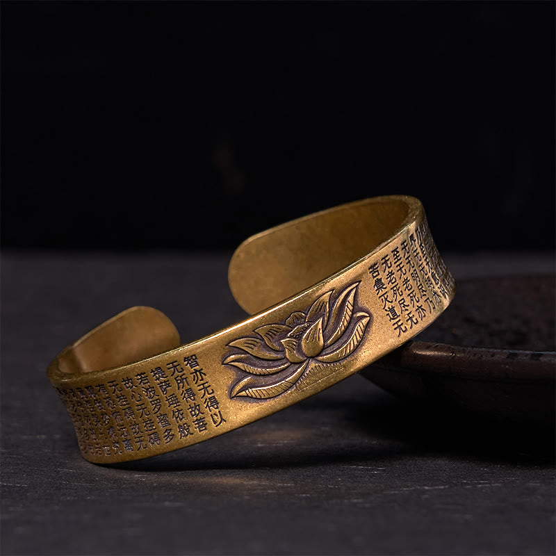 Fortune Jewel Heart Sutra Lotus Flower Copper Brass Peace Cuff Bracelet Bangle