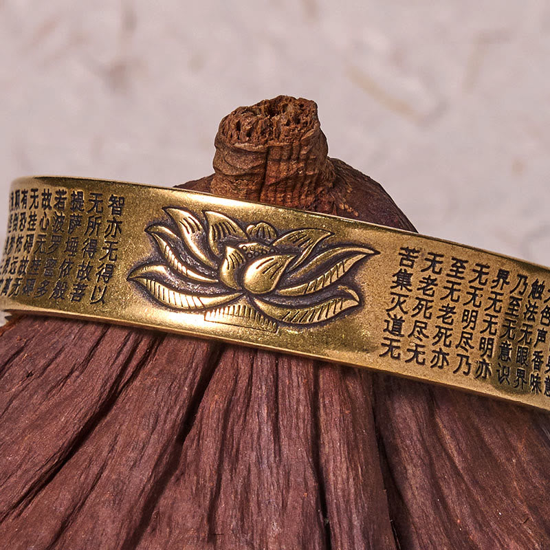 Fortune Jewel Heart Sutra Lotus Flower Copper Brass Peace Cuff Bracelet Bangle