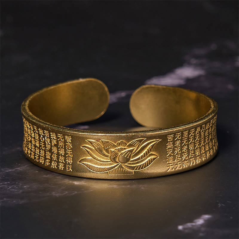 Fortune Jewel Heart Sutra Lotus Flower Copper Brass Peace Cuff Bracelet Bangle