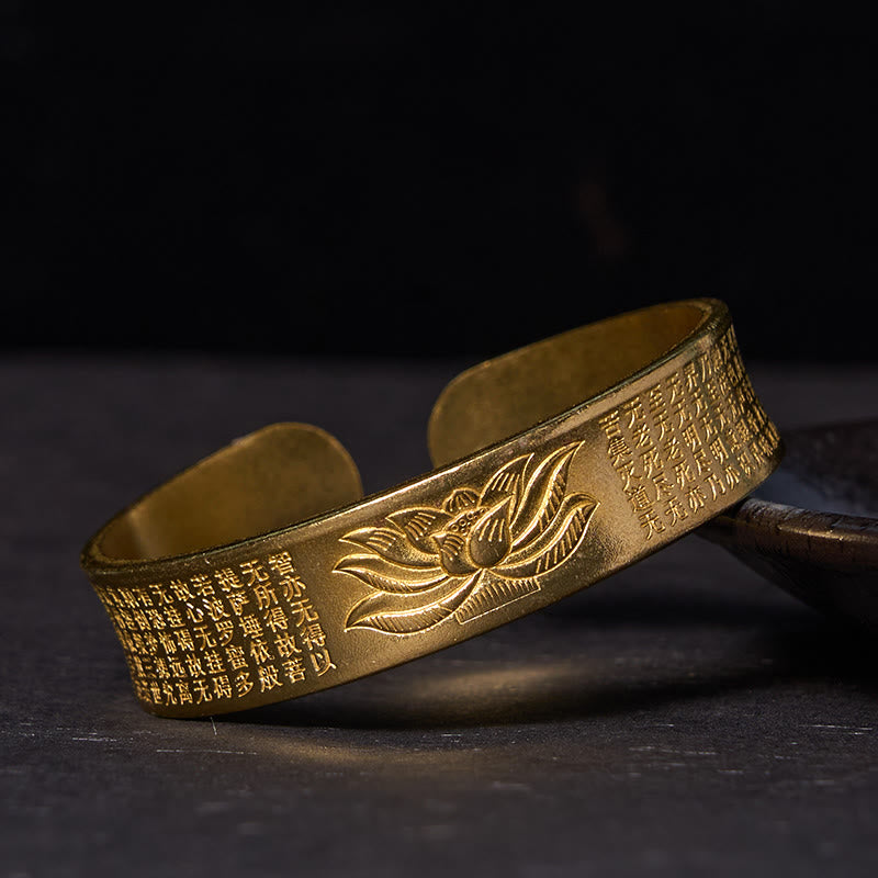 Fortune Jewel Heart Sutra Lotus Flower Copper Brass Peace Cuff Bracelet Bangle