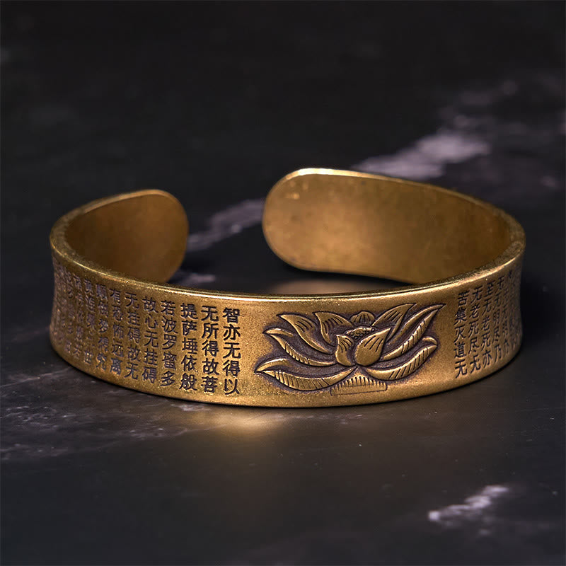 Fortune Jewel Heart Sutra Lotus Flower Copper Brass Peace Cuff Bracelet Bangle