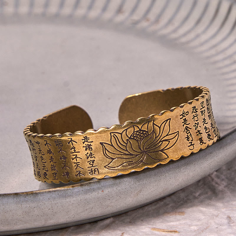 Fortune Jewel Heart Sutra Lotus Flower Copper Brass Peace Enlightenment Cuff Bracelet Bangle