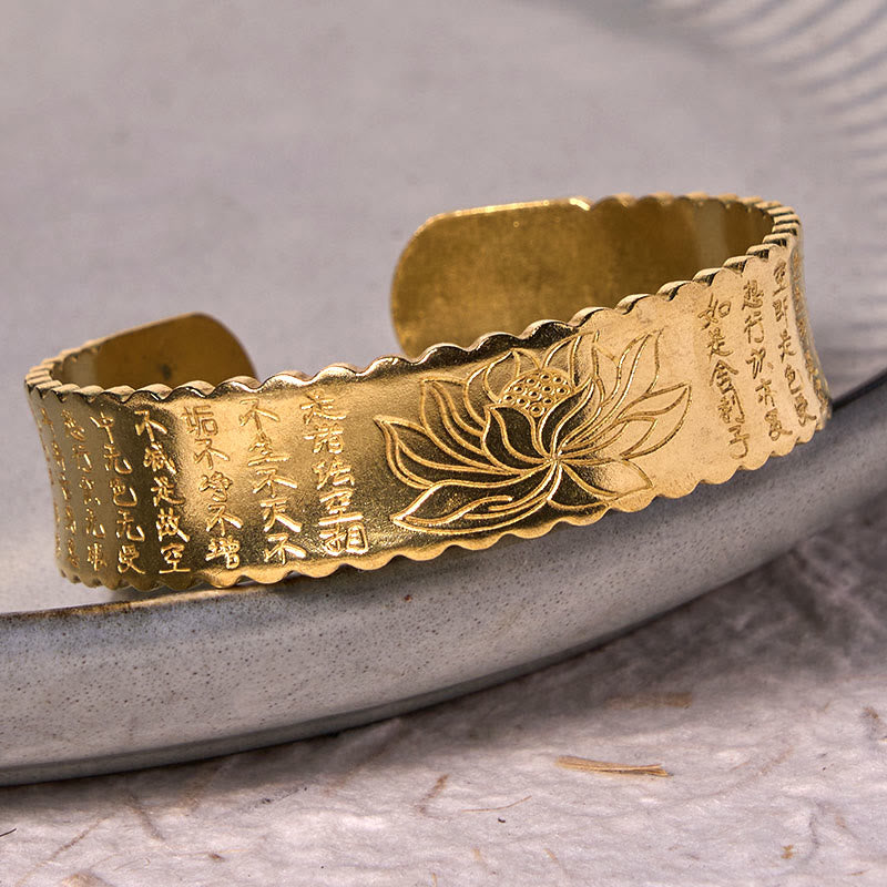 Fortune Jewel Heart Sutra Lotus Flower Copper Brass Peace Enlightenment Cuff Bracelet Bangle