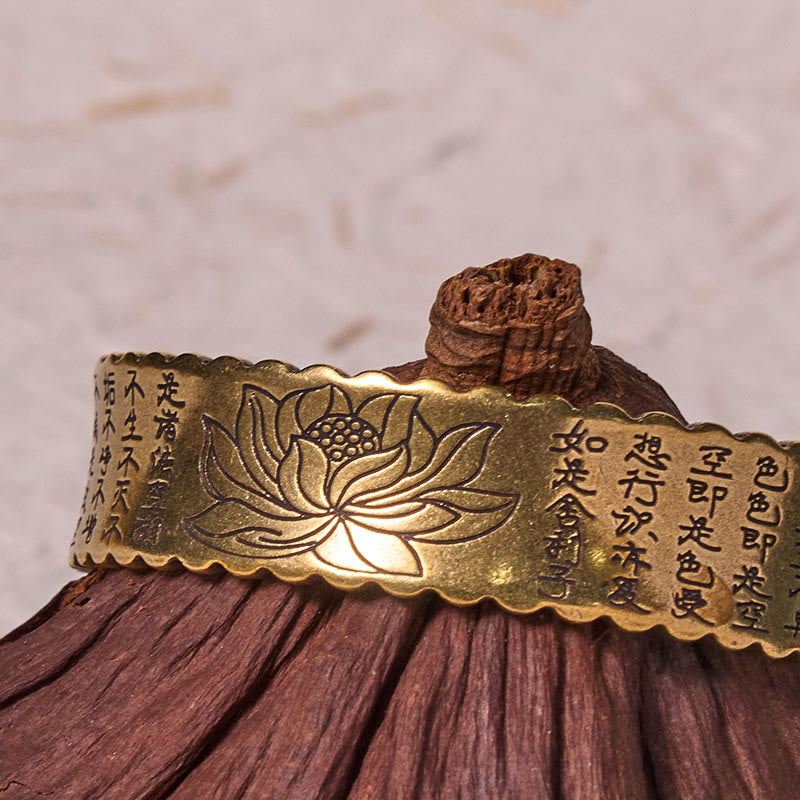 Fortune Jewel Heart Sutra Lotus Flower Copper Brass Peace Enlightenment Cuff Bracelet Bangle