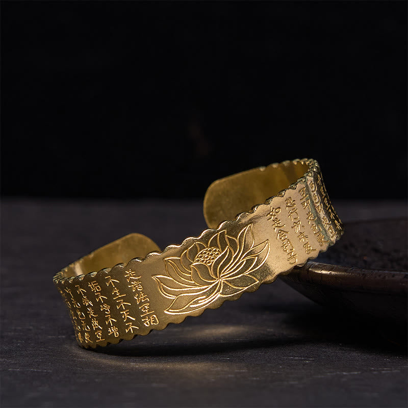 Fortune Jewel Heart Sutra Lotus Flower Copper Brass Peace Enlightenment Cuff Bracelet Bangle