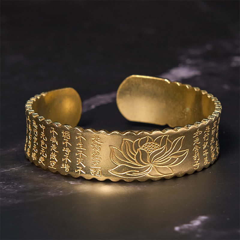 Fortune Jewel Heart Sutra Lotus Flower Copper Brass Peace Enlightenment Cuff Bracelet Bangle