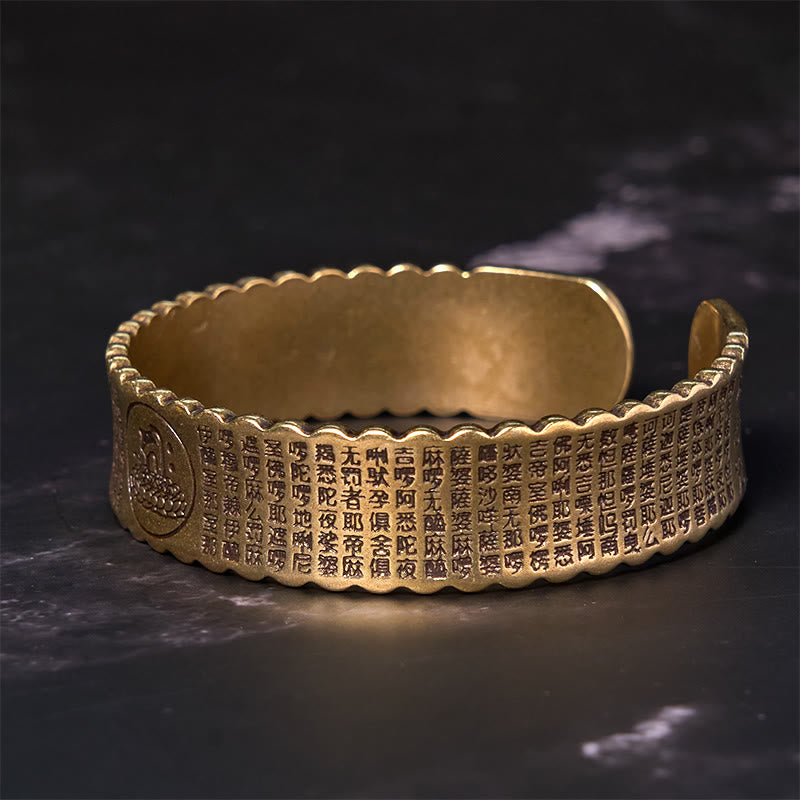 Fortune Jewel Heart Sutra Lotus Flower Copper Brass Peace Enlightenment Cuff Bracelet Bangle