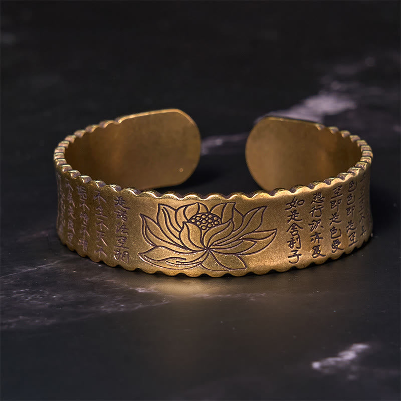 Fortune Jewel Heart Sutra Lotus Flower Copper Brass Peace Enlightenment Cuff Bracelet Bangle