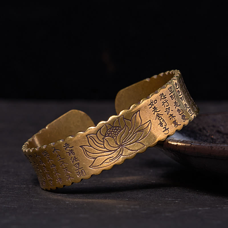 Fortune Jewel Heart Sutra Lotus Flower Copper Brass Peace Enlightenment Cuff Bracelet Bangle