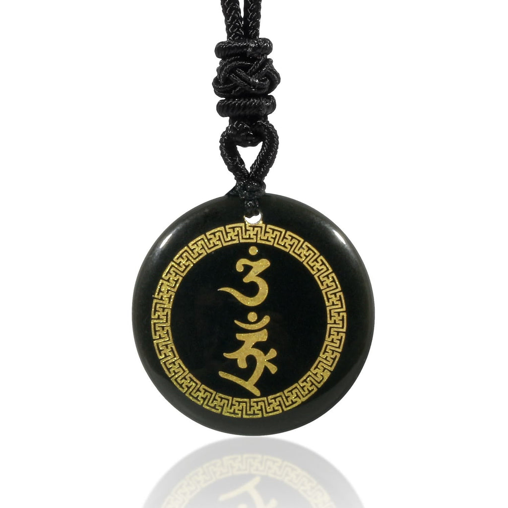 Fortune Jewel Surrounding Swastika Pattern Vajra Protection Mantra Natural Various Crystal Black Obsidian Fulfilment Necklace Pendant
