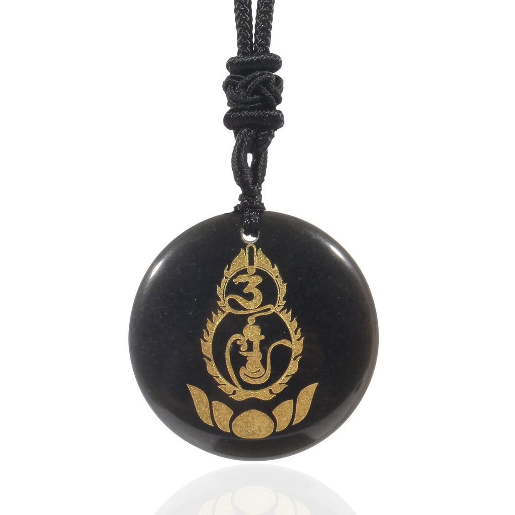 Fortune Jewel Gourd Lotus Pedestal Pattern Vajra Protection Mantra Natural Various Crystal Black Obsidian Fulfilment Necklace Pendant