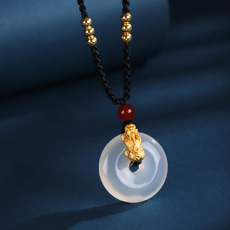 Fortune Jewel  Black Onyx White Agate Peace Buckle 999 Sterling Silver Gold PiXiu Fortune Necklace Pendant