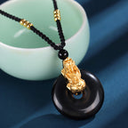 Fortune Jewel  Black Onyx White Agate Peace Buckle 999 Sterling Silver Gold PiXiu Fortune Necklace Pendant