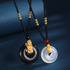 Fortune Jewel  Black Onyx White Agate Peace Buckle 999 Sterling Silver Gold PiXiu Fortune Necklace Pendant