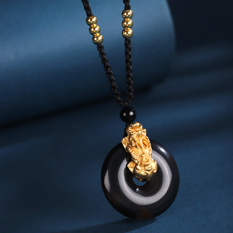 Fortune Jewel  Black Onyx White Agate Peace Buckle 999 Sterling Silver Gold PiXiu Fortune Necklace Pendant