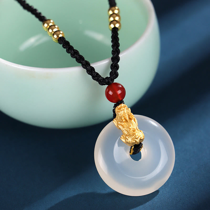 Fortune Jewel  Black Onyx White Agate Peace Buckle 999 Sterling Silver Gold PiXiu Fortune Necklace Pendant