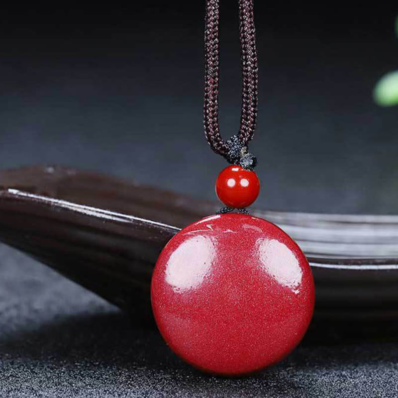 Fortune Jewel Natural Cinnabar Yin Yang Design Braided String Blessing Necklace Pendant