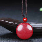 Fortune Jewel Natural Cinnabar Yin Yang Design Braided String Blessing Necklace Pendant