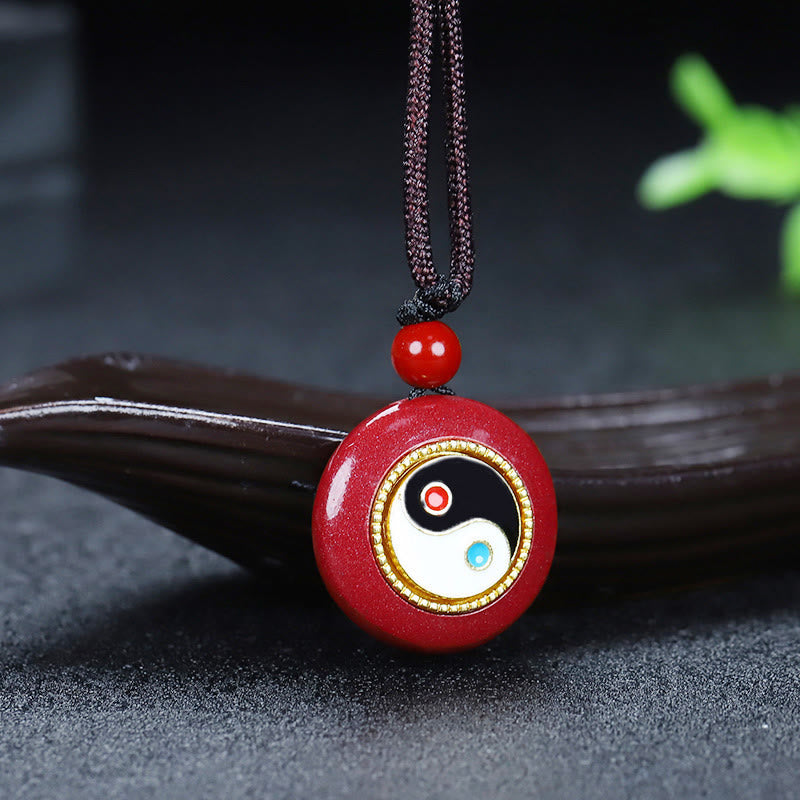 Fortune Jewel Natural Cinnabar Yin Yang Design Braided String Blessing Necklace Pendant
