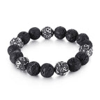 Fortune Jewel Natural Lava Rock Tiger Eye Titanium Steel Six-True-Words Om Mani Padme Hum Healing Bracelet